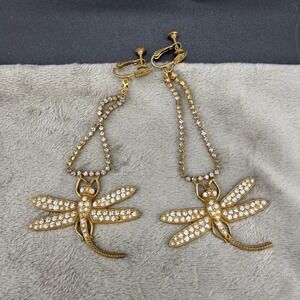 Vintage Dragonfly Bug‎ Clip On Earrings Dangle Gold Tone Rhinestone HUGE READ